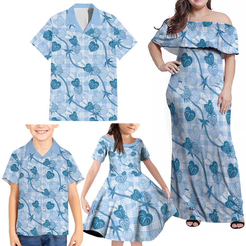 Anthurium Pikake Ti Leaf Palaka Family Matching Off Shoulder Maxi Dress and Hawaiian Shirt Blue Version LT01 - Polynesian Pride