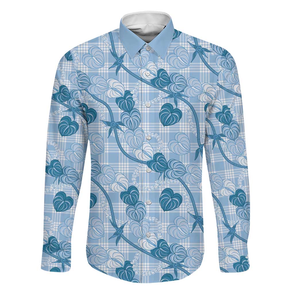 Anthurium Pikake Ti Leaf Palaka Family Matching Off Shoulder Maxi Dress and Hawaiian Shirt Blue Version LT01 Dad's Shirt - Long Sleeve Blue - Polynesian Pride
