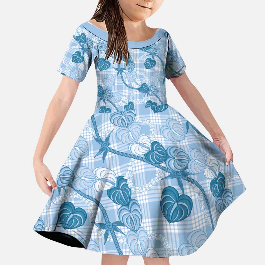 Anthurium Pikake Ti Leaf Palaka Family Matching Puletasi and Hawaiian Shirt Blue Version LT01 Daughter's Dress Blue - Polynesian Pride