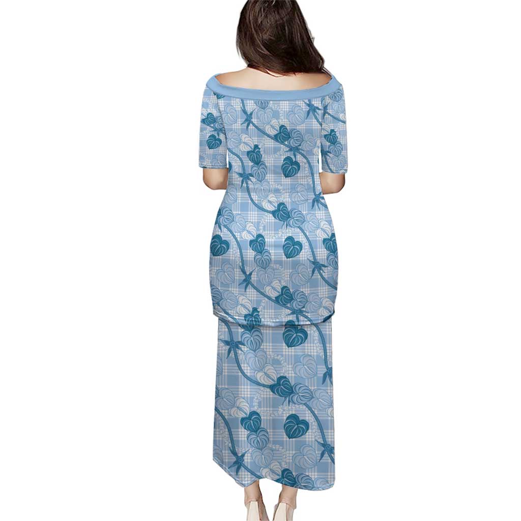 Anthurium Pikake Ti Leaf Palaka Family Matching Puletasi and Hawaiian Shirt Blue Version LT01 - Polynesian Pride