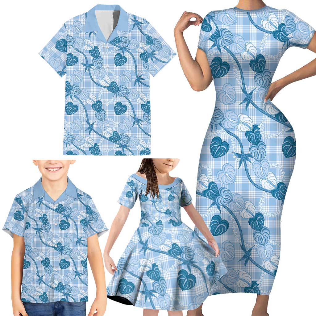 Anthurium Pikake Ti Leaf Palaka Family Matching Short Sleeve Bodycon Dress and Hawaiian Shirt Blue Version LT01 - Polynesian Pride