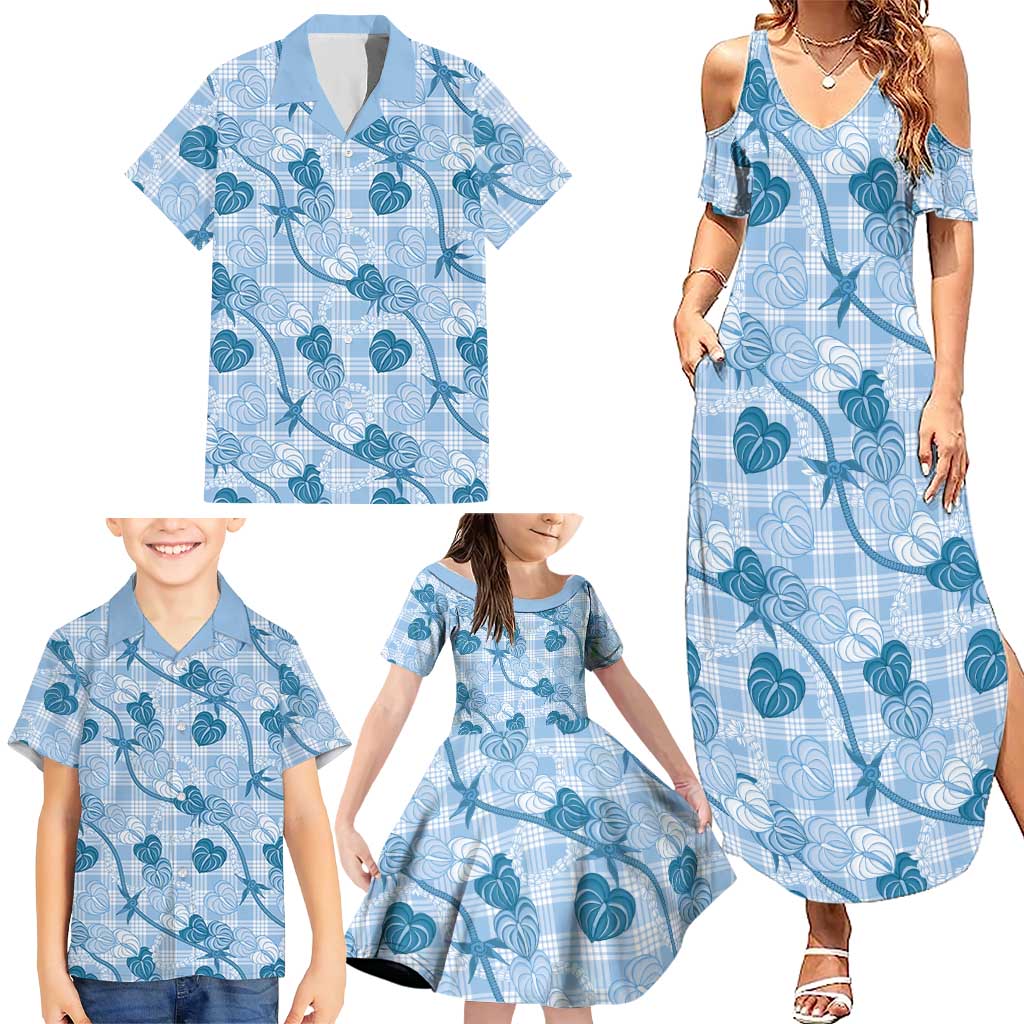 Anthurium Pikake Ti Leaf Palaka Family Matching Summer Maxi Dress and Hawaiian Shirt Blue Version LT01 - Polynesian Pride