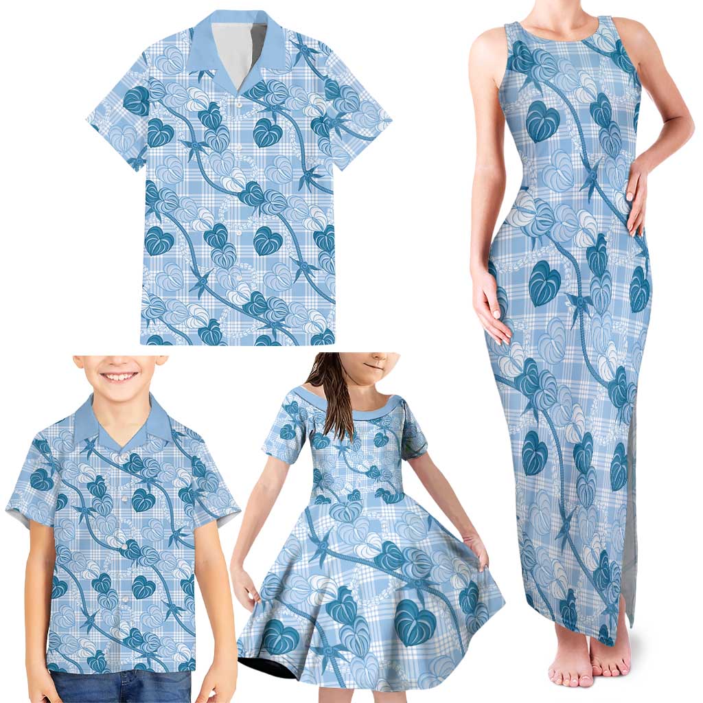 Anthurium Pikake Ti Leaf Palaka Family Matching Tank Maxi Dress and Hawaiian Shirt Blue Version LT01 - Polynesian Pride
