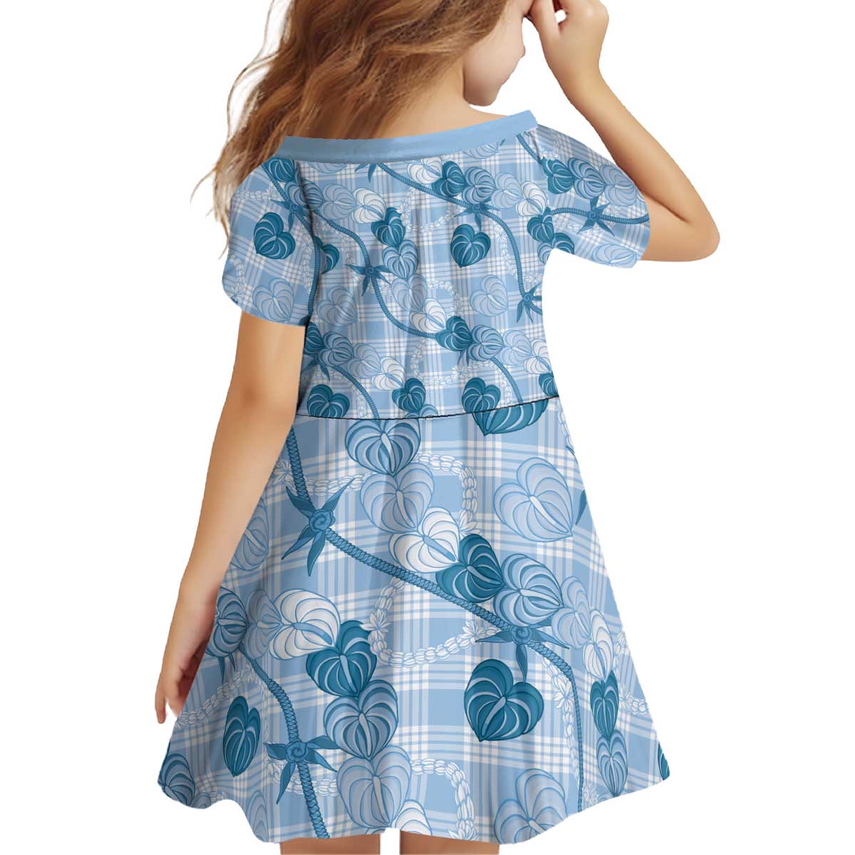 Anthurium Pikake Ti Leaf Palaka Kid Short Sleeve Dress Blue Version LT01 - Polynesian Pride