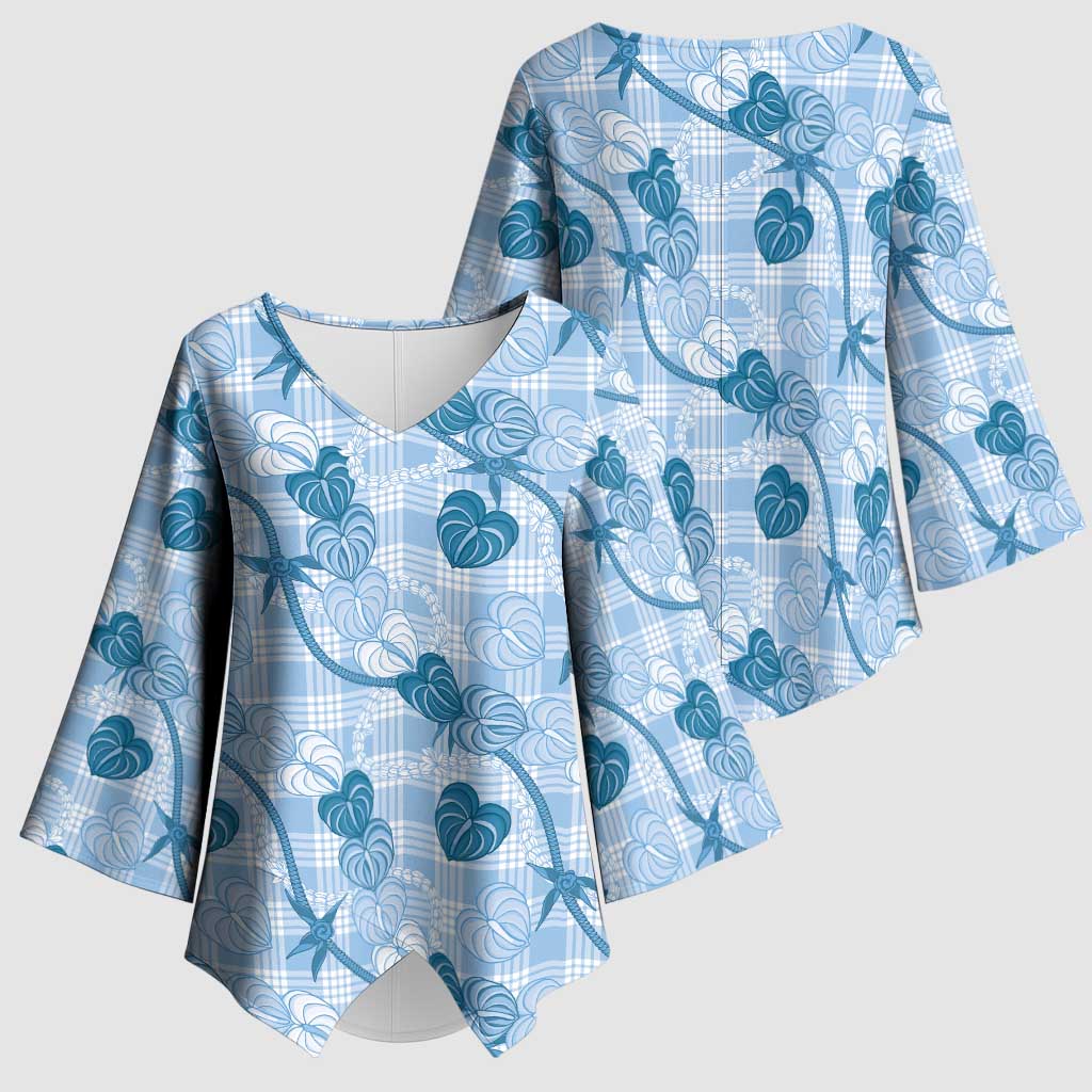 Anthurium Pikake Ti Leaf Palaka Kimono Sleeve Blouse Blue Version LT01 - Polynesian Pride