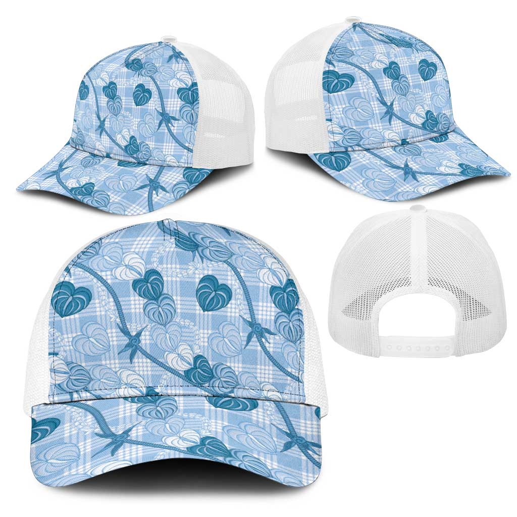 Anthurium Pikake Ti Leaf Palaka Mesh Trucker Cap Blue Version LT01 - Polynesian Pride