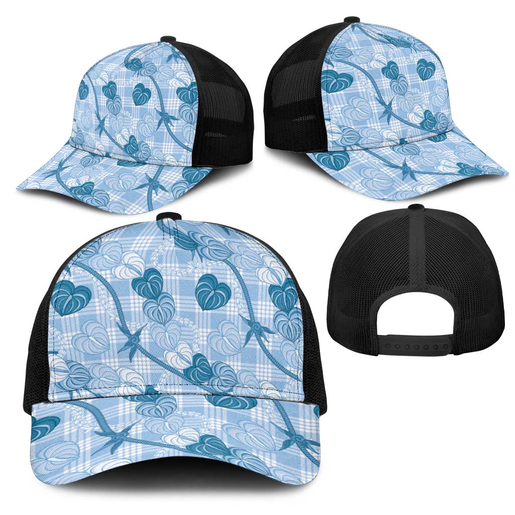 Anthurium Pikake Ti Leaf Palaka Mesh Trucker Cap Blue Version LT01 - Polynesian Pride