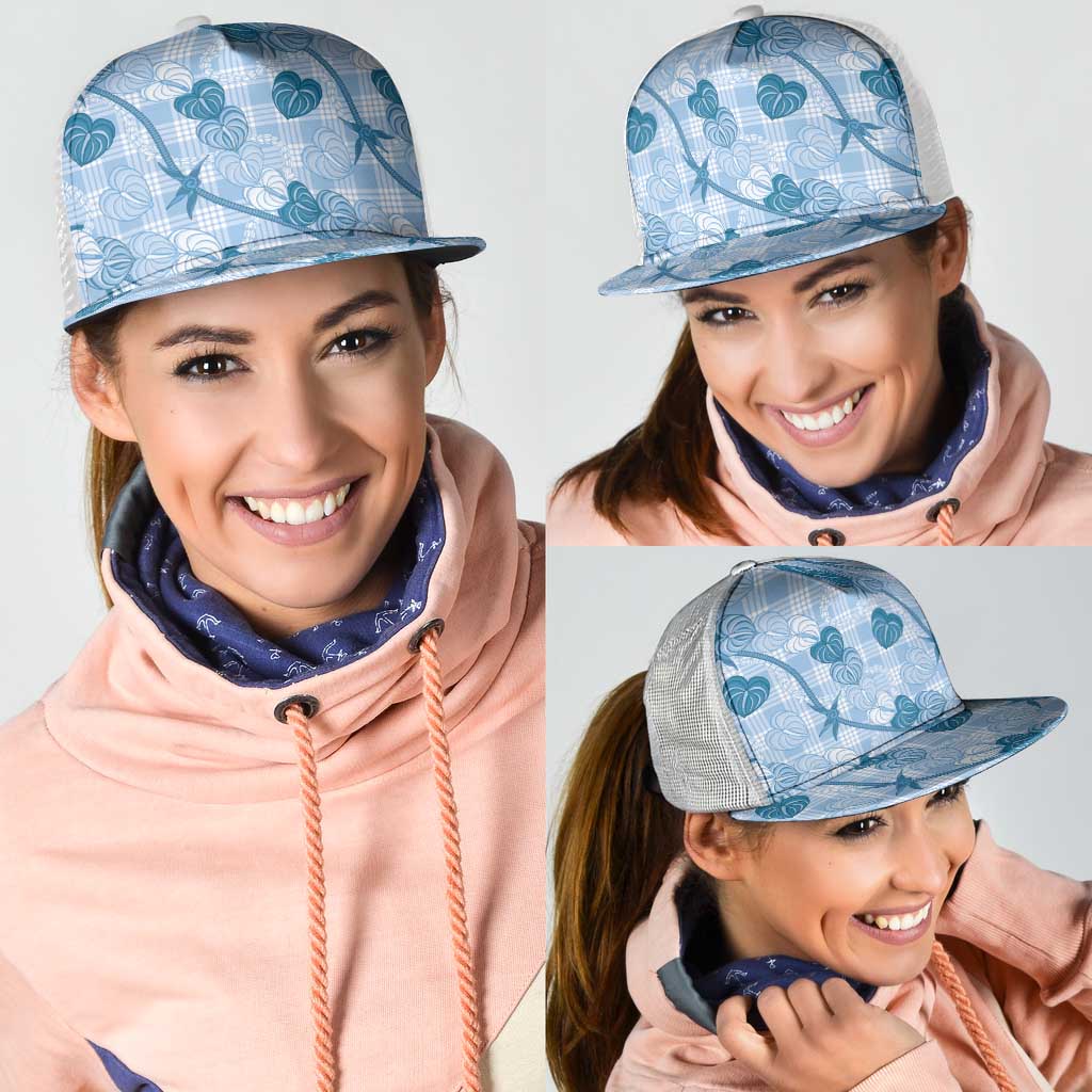 Anthurium Pikake Ti Leaf Palaka Mesh Trucker Cap Blue Version LT01 - Polynesian Pride