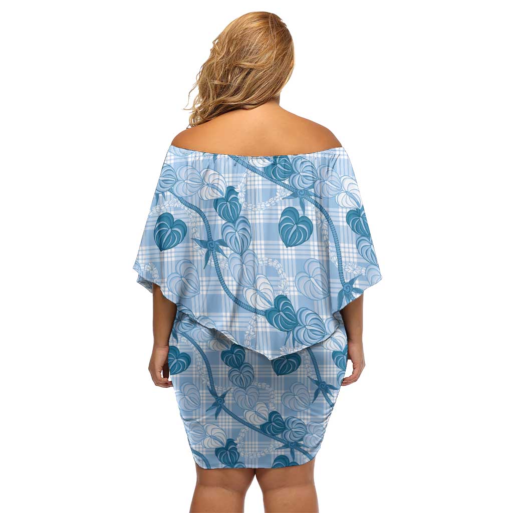Anthurium Pikake Ti Leaf Palaka Off Shoulder Short Dress Blue Version LT01 - Polynesian Pride