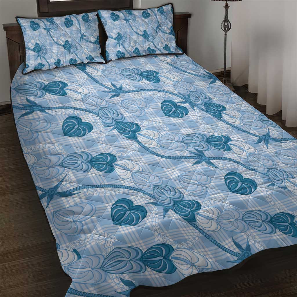 Anthurium Pikake Ti Leaf Palaka Quilt Bed Set Blue Version LT01 Blue - Polynesian Pride