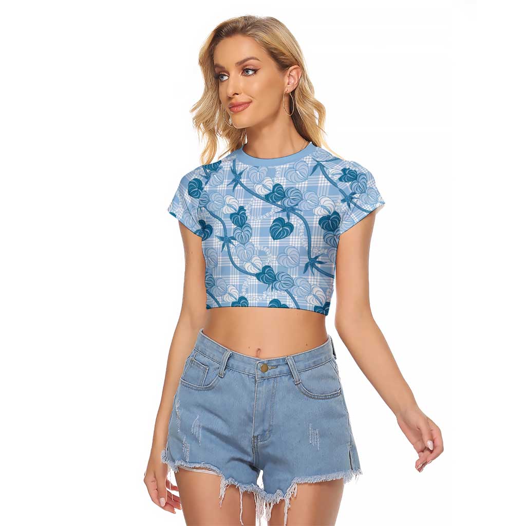 Anthurium Pikake Ti Leaf Palaka Raglan Cropped T Shirt Blue Version