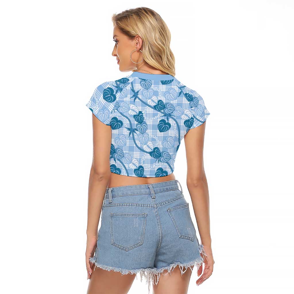 Anthurium Pikake Ti Leaf Palaka Raglan Cropped T Shirt Blue Version