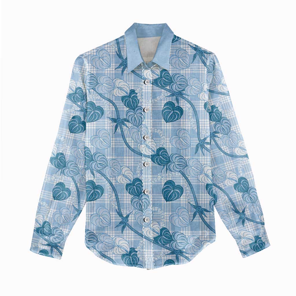 Anthurium Pikake Ti Leaf Palaka Women Casual Shirt Blue Version