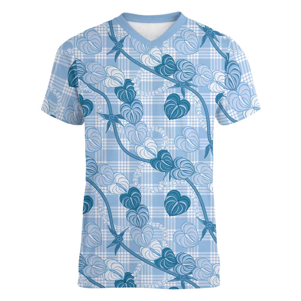 Anthurium Pikake Ti Leaf Palaka Women V-Neck T-Shirt Blue Version