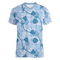 Anthurium Pikake Ti Leaf Palaka Women V-Neck T-Shirt Blue Version