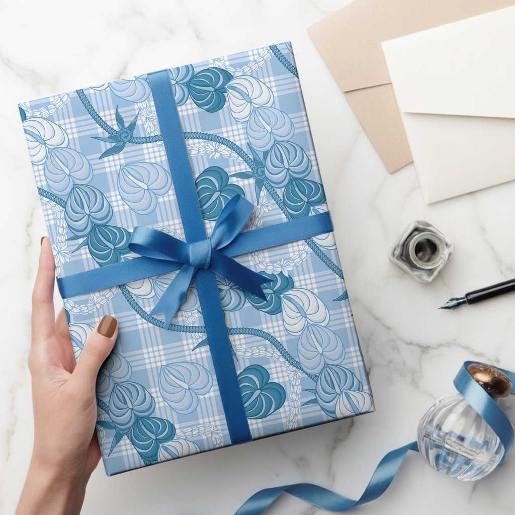Anthurium Pikake Ti Leaf Palaka Wrapping Paper Blue Version LT01 - Polynesian Pride