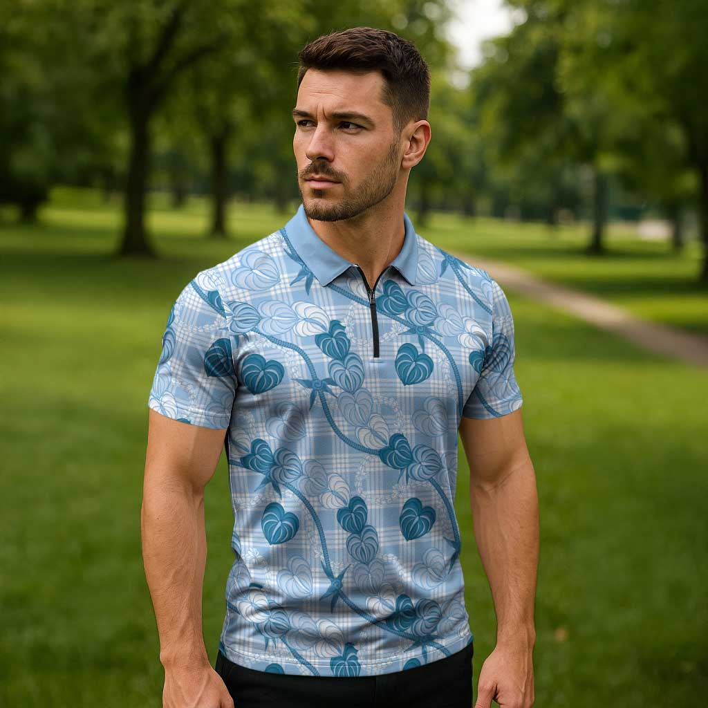 Anthurium Pikake Ti Leaf Palaka Zipper Polo Shirt Blue Version LT01 - Polynesian Pride
