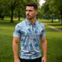 Anthurium Pikake Ti Leaf Palaka Zipper Polo Shirt Blue Version LT01 - Polynesian Pride