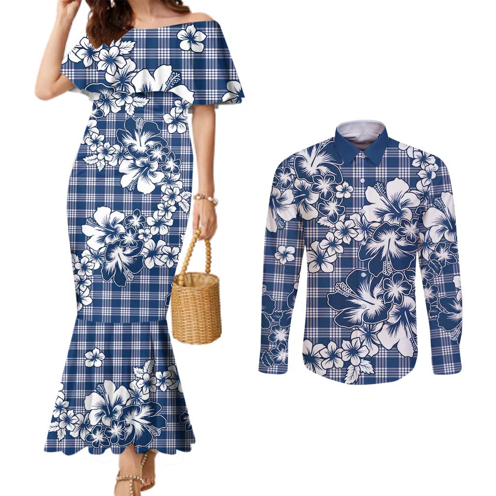Hibiscus Pakala Cobalt Blue Royal Couples Matching Mermaid Dress and Long Sleeve Button Shirt Tropical Floral Stylized - Polynesian Pride