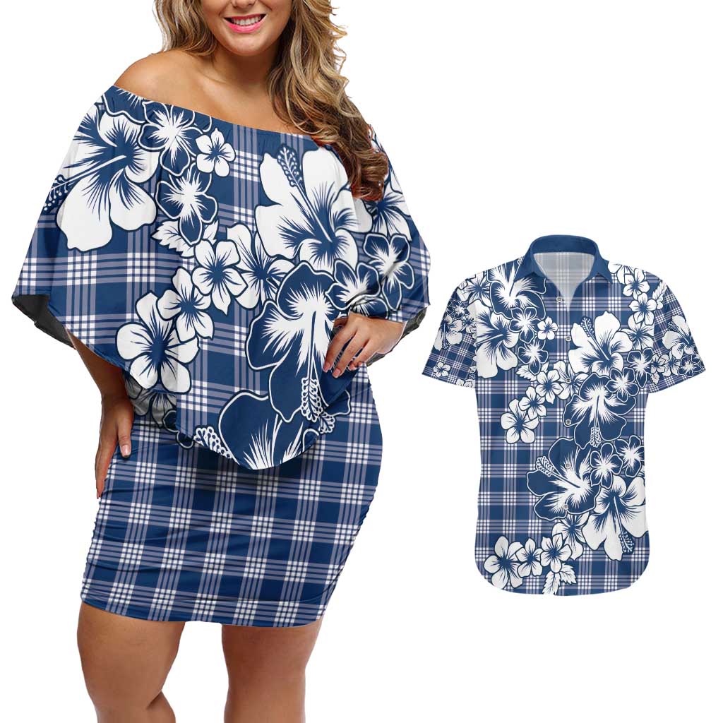 Hibiscus Pakala Cobalt Blue Royal Couples Matching Off Shoulder Short Dress and Hawaiian Shirt Tropical Floral Stylized - Polynesian Pride