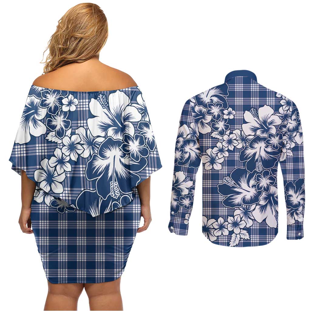 Hibiscus Pakala Cobalt Blue Royal Couples Matching Off Shoulder Short Dress and Long Sleeve Button Shirt Tropical Floral Stylized - Polynesian Pride