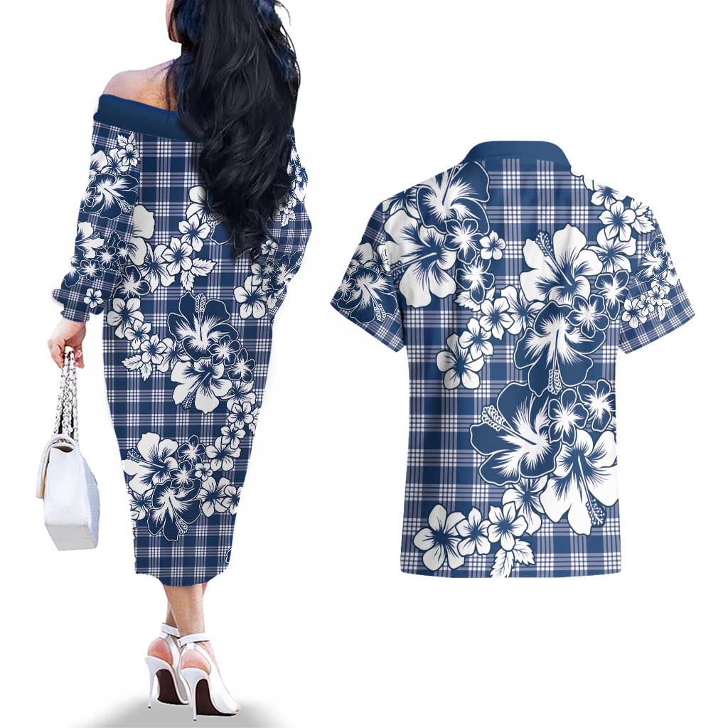 Hibiscus Pakala Cobalt Blue Royal Couples Matching Off The Shoulder Long Sleeve Dress and Hawaiian Shirt Tropical Floral Stylized - Polynesian Pride