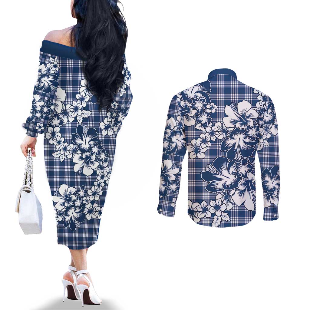 Hibiscus Pakala Cobalt Blue Royal Couples Matching Off The Shoulder Long Sleeve Dress and Long Sleeve Button Shirt Tropical Floral Stylized - Polynesian Pride