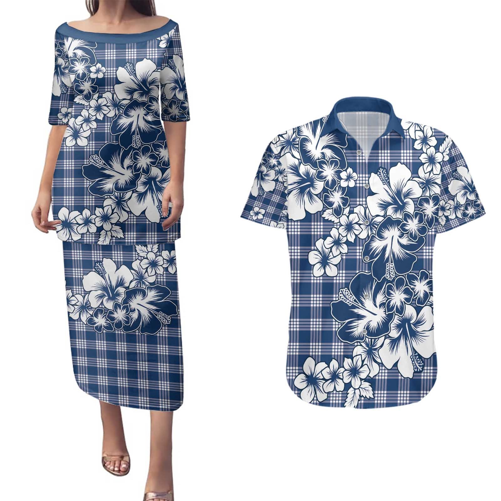 Hibiscus Pakala Cobalt Blue Royal Couples Matching Puletasi and Hawaiian Shirt Tropical Floral Stylized LT01 Blue - Polynesian Pride