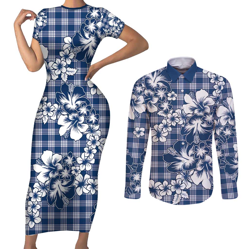 Hibiscus Pakala Cobalt Blue Royal Couples Matching Short Sleeve Bodycon Dress and Long Sleeve Button Shirt Tropical Floral Stylized - Polynesian Pride