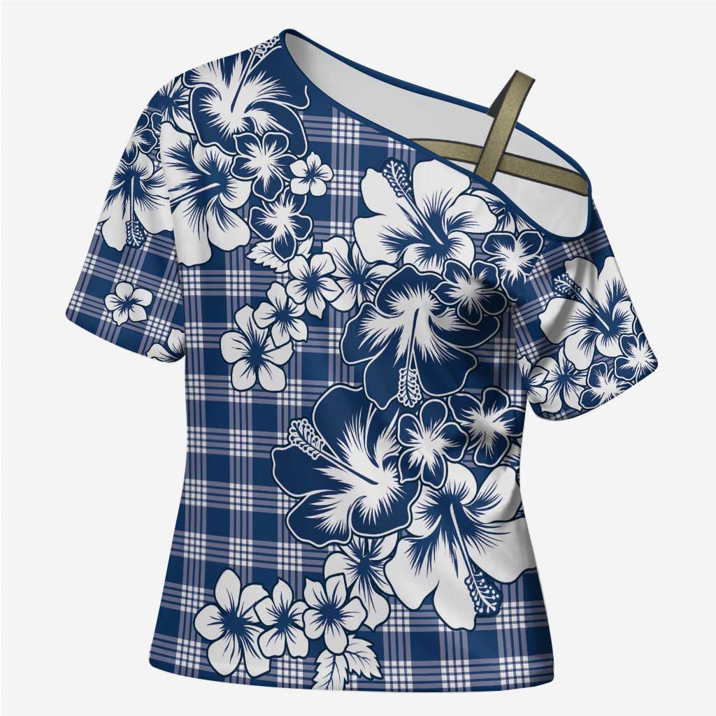 Hibiscus Pakala Cobalt Blue Royal Cross Shoulder Shirt Tropical Floral Stylized - Polynesian Pride