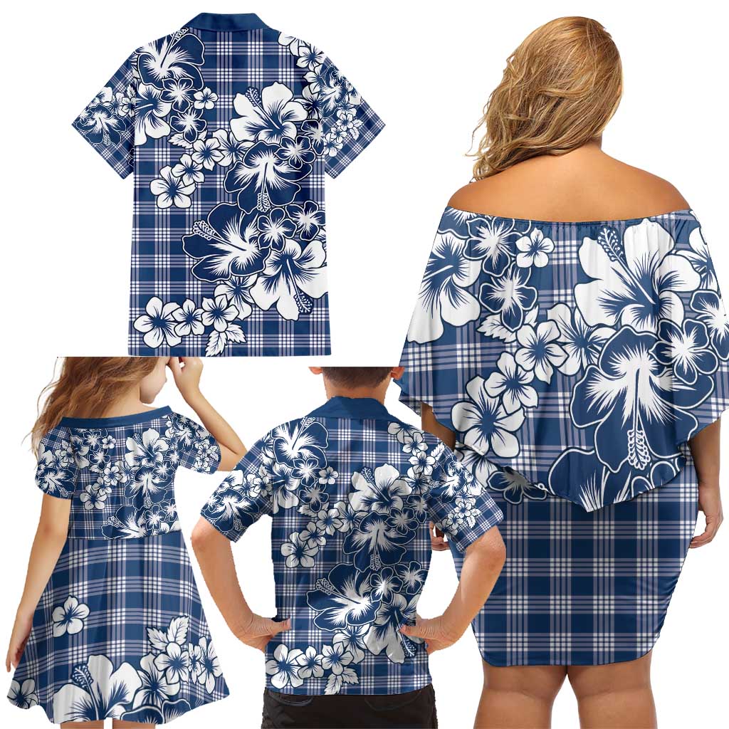 Hibiscus Pakala Cobalt Blue Royal Family Matching Off Shoulder Short Dress and Hawaiian Shirt Tropical Floral Stylized - Polynesian Pride