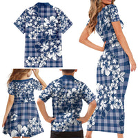 Hibiscus Pakala Cobalt Blue Royal Family Matching Short Sleeve Bodycon Dress and Hawaiian Shirt Tropical Floral Stylized - Polynesian Pride
