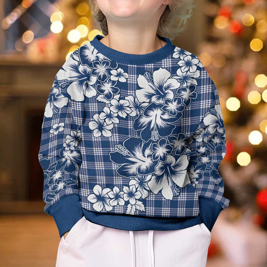 Hibiscus Pakala Cobalt Blue Royal Kid Ugly Christmas Sweater Tropical Floral Stylized - Polynesian Pride