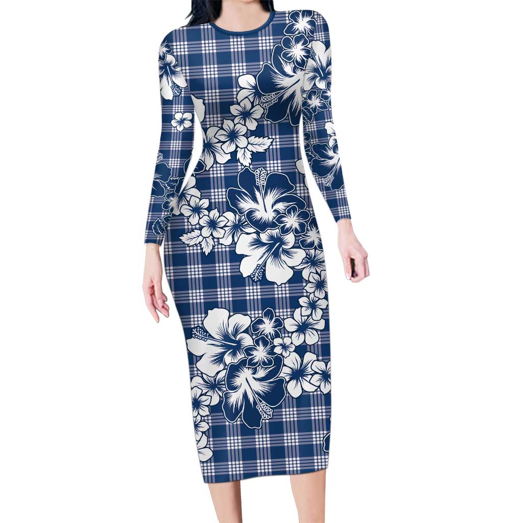 Hibiscus Pakala Cobalt Blue Royal Long Sleeve Bodycon Dress Tropical Floral Stylized