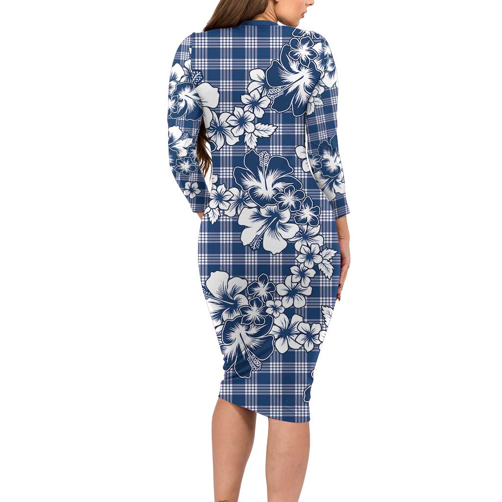 Hibiscus Pakala Cobalt Blue Royal Long Sleeve Bodycon Dress Tropical Floral Stylized - Polynesian Pride