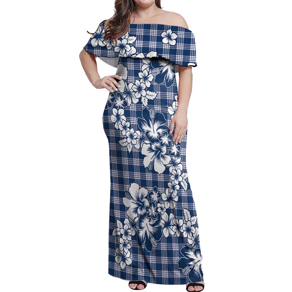 Hibiscus Pakala Cobalt Blue Royal Off Shoulder Maxi Dress Tropical Floral Stylized - Polynesian Pride