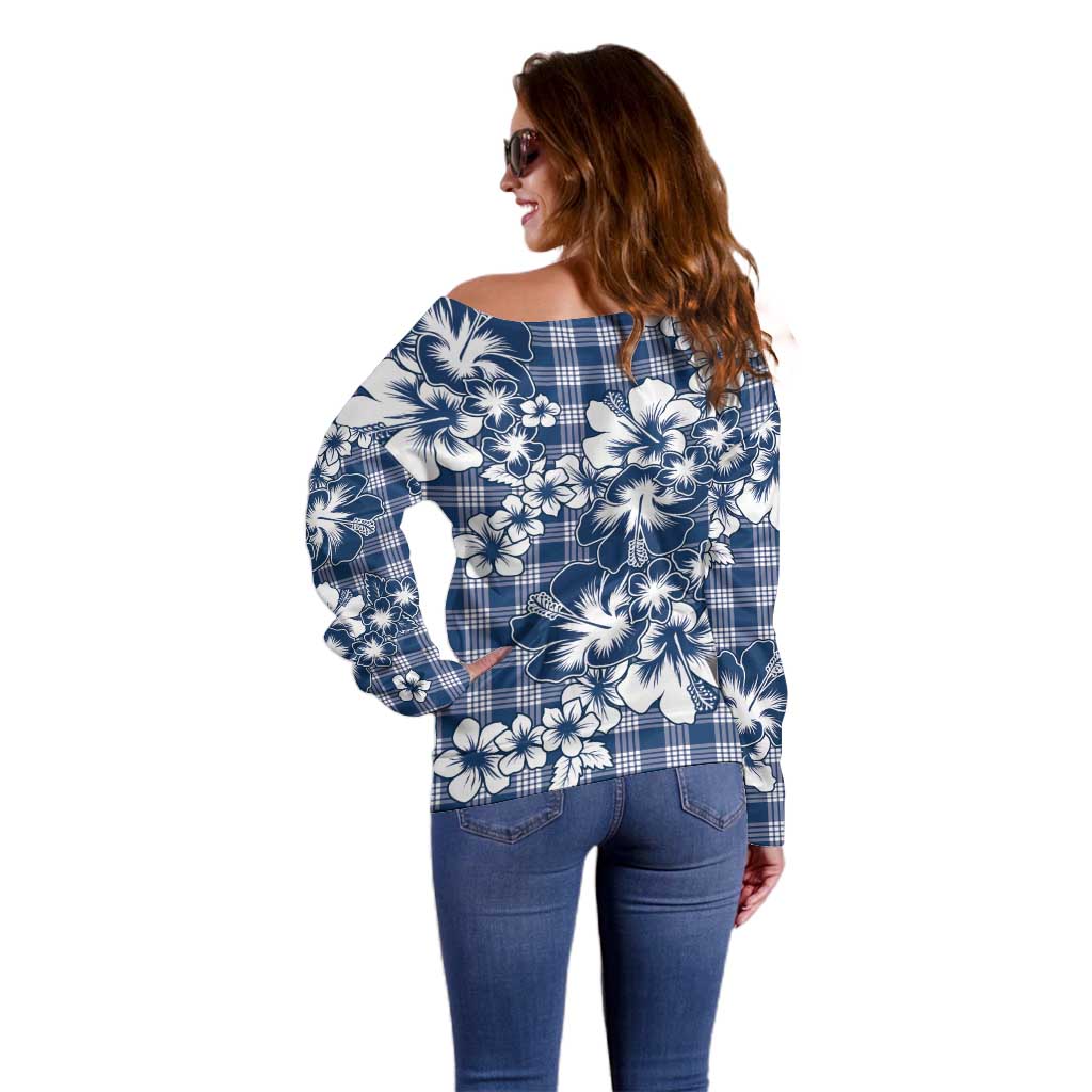 Hibiscus Pakala Cobalt Blue Royal Off Shoulder Sweater Tropical Floral Stylized - Polynesian Pride