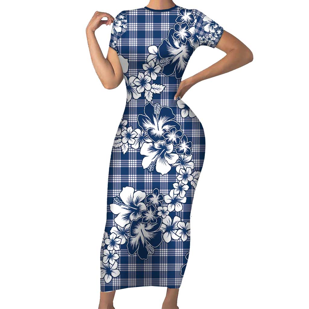 Hibiscus Pakala Cobalt Blue Royal Short Sleeve Bodycon Dress Tropical Floral Stylized - Polynesian Pride