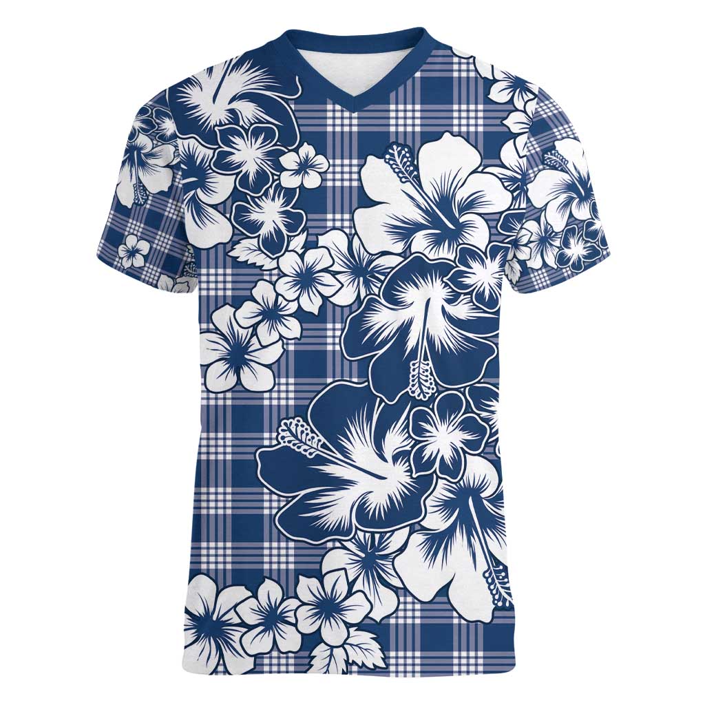 Hibiscus Pakala Cobalt Blue Royal Women V-Neck T-Shirt Tropical Floral Stylized - Polynesian Pride