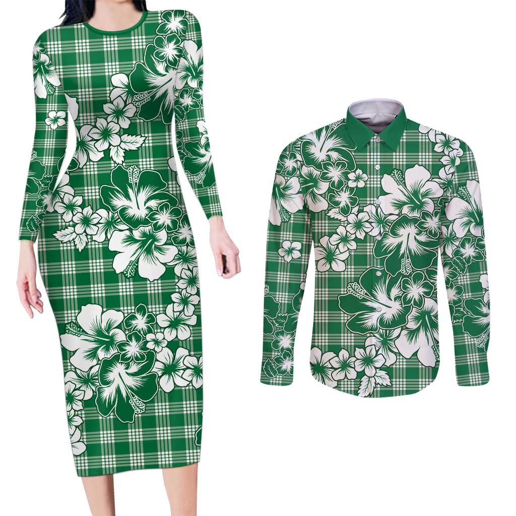 Hibiscus Pakala Emerald Green Couples Matching Long Sleeve Bodycon Dress and Long Sleeve Button Shirt Tropical Floral Stylized - Polynesian Pride