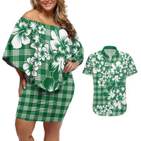 Hibiscus Pakala Emerald Green Couples Matching Off Shoulder Short Dress and Hawaiian Shirt Tropical Floral Stylized - Polynesian Pride
