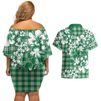 Hibiscus Pakala Emerald Green Couples Matching Off Shoulder Short Dress and Hawaiian Shirt Tropical Floral Stylized - Polynesian Pride