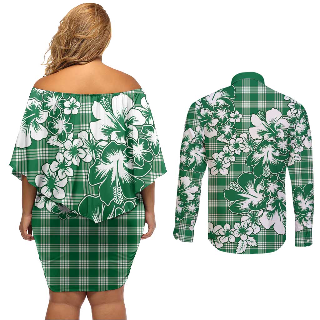 Hibiscus Pakala Emerald Green Couples Matching Off Shoulder Short Dress and Long Sleeve Button Shirt Tropical Floral Stylized - Polynesian Pride