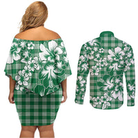 Hibiscus Pakala Emerald Green Couples Matching Off Shoulder Short Dress and Long Sleeve Button Shirt Tropical Floral Stylized - Polynesian Pride