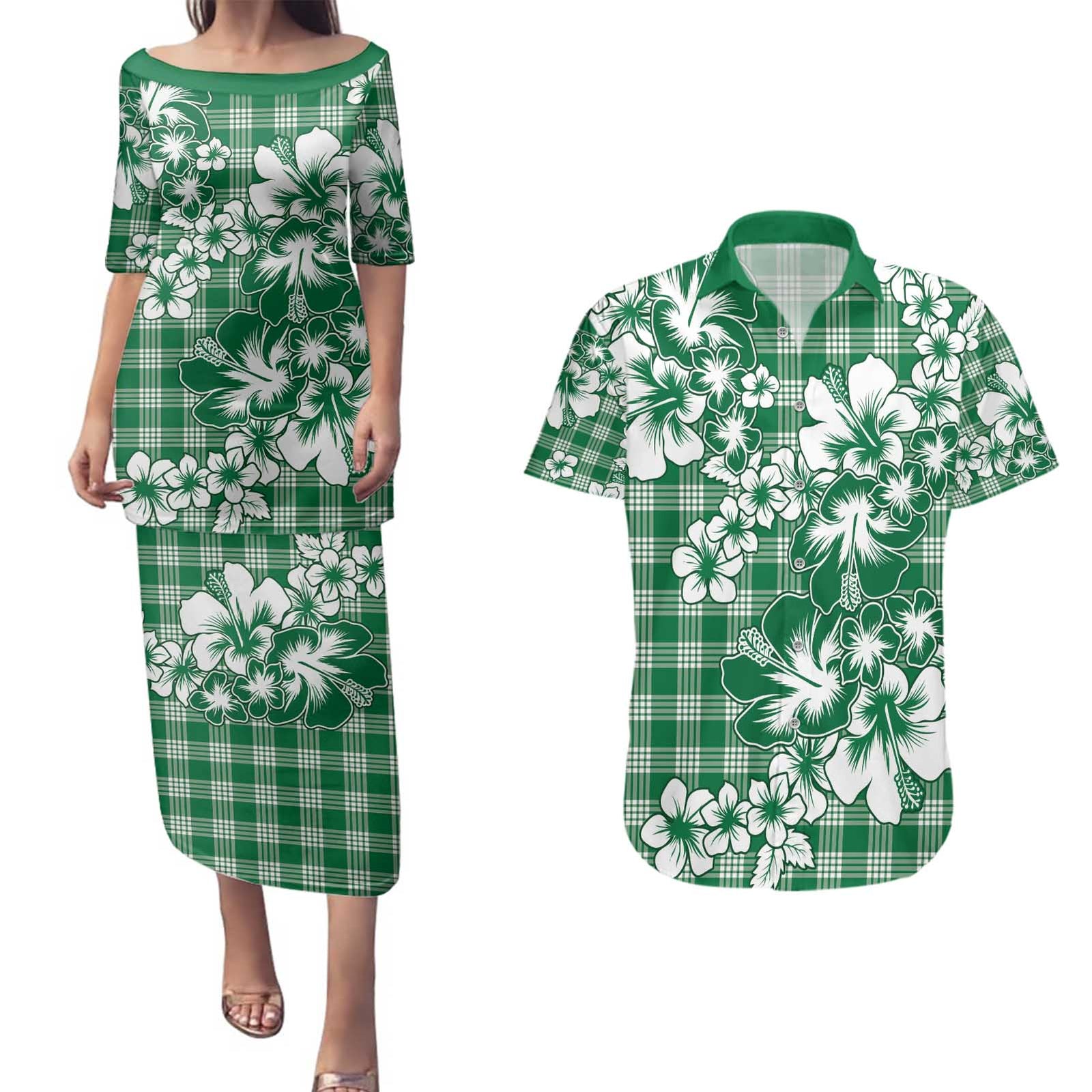 Hibiscus Pakala Emerald Green Couples Matching Puletasi and Hawaiian Shirt Tropical Floral Stylized LT01 Green - Polynesian Pride