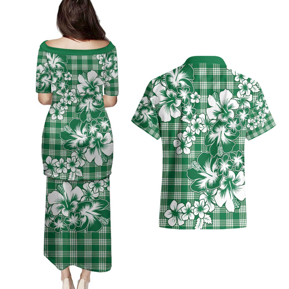 Hibiscus Pakala Emerald Green Couples Matching Puletasi and Hawaiian Shirt Tropical Floral Stylized - Polynesian Pride