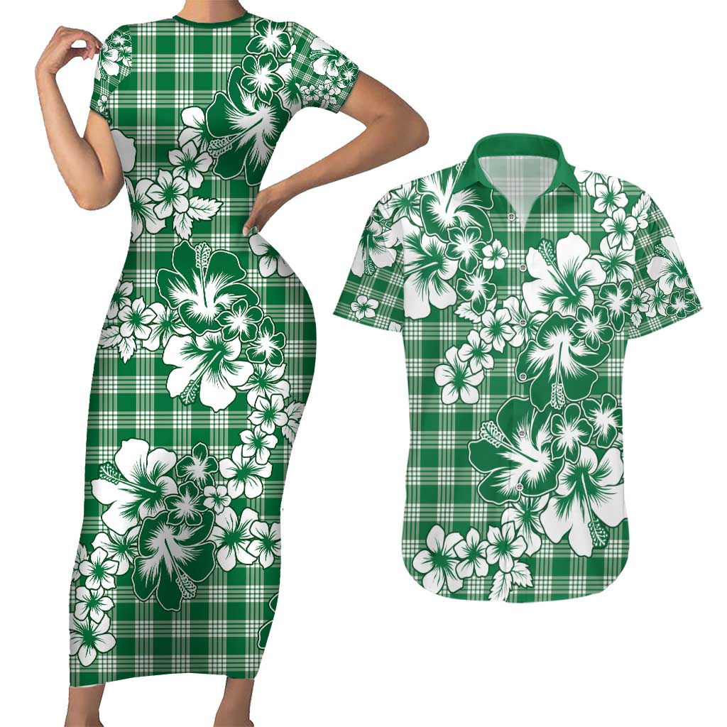 Hibiscus Pakala Emerald Green Couples Matching Short Sleeve Bodycon Dress and Hawaiian Shirt Tropical Floral Stylized - Polynesian Pride
