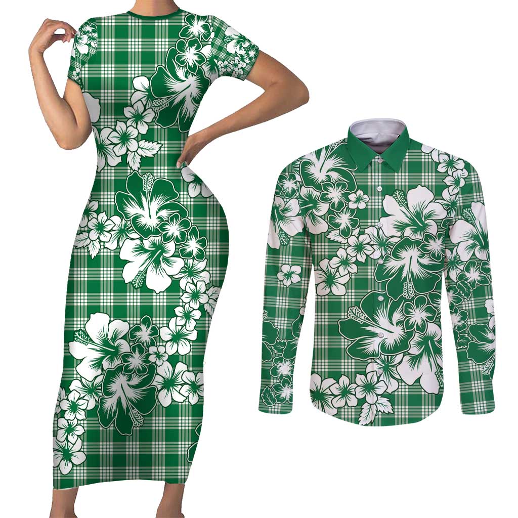 Hibiscus Pakala Emerald Green Couples Matching Short Sleeve Bodycon Dress and Long Sleeve Button Shirt Tropical Floral Stylized - Polynesian Pride