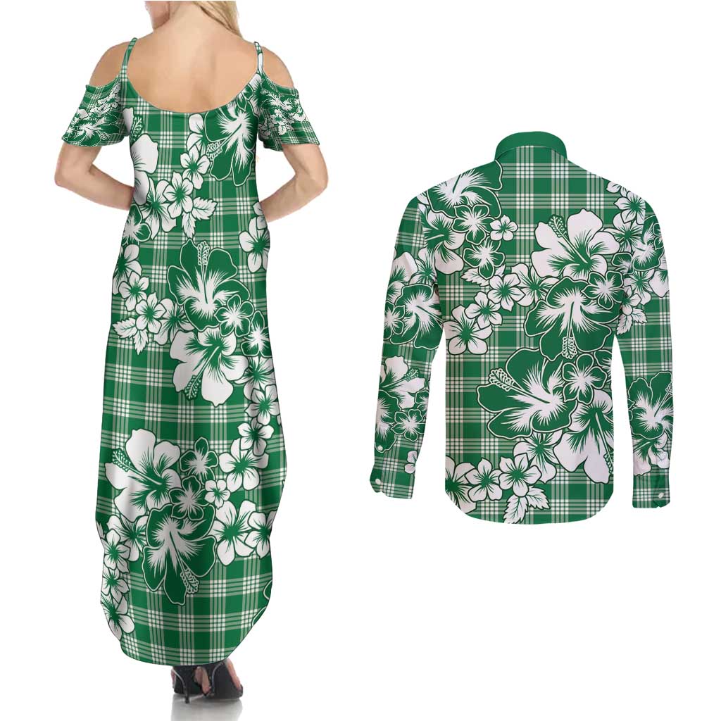 Hibiscus Pakala Emerald Green Couples Matching Summer Maxi Dress and Long Sleeve Button Shirt Tropical Floral Stylized - Polynesian Pride