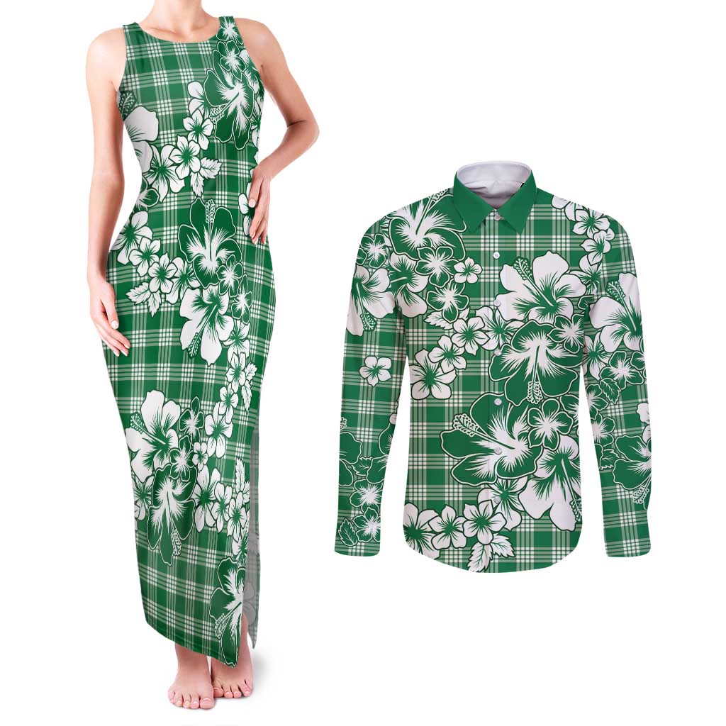 Hibiscus Pakala Emerald Green Couples Matching Tank Maxi Dress and Long Sleeve Button Shirt Tropical Floral Stylized - Polynesian Pride